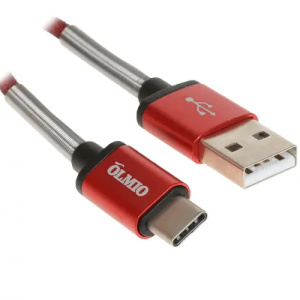 Кабель HD, USB 2.0 - USB Type-C, 1.2м, 2.1А, красный, OLMIO 038839   г/к/рн
