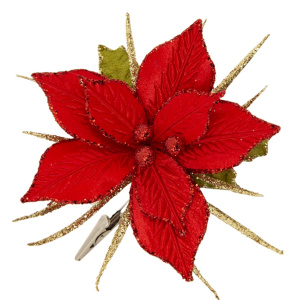Украшение елочное Красный цветок с листиками на клипсе, полиэстер, 11x14x14см, 87436