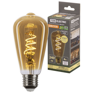 Лампа светодиодная филаментная TDM E27 4W ST64 2700 К винтаж золотистая спираль