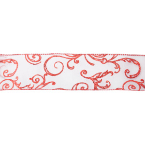 Лента для декорирования искристая красная/прозрачно-белая с красными узорами, 5м.х6,5см.