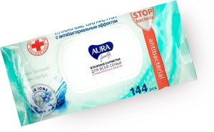 Салфетки влажные AURA антибактериальные для всей семьи с крышкой 144 шт