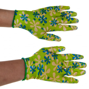 Перчатки садовые из полиэстера с нитрильным обливом, зеленые, S