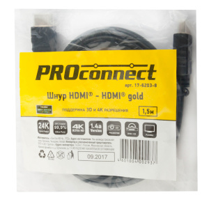 Шнур PROCONNECT HDMI - HDMI gold без фильтров (PE bag) (17-6203-8) 1.5м.