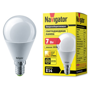 Лампа светодиодная NAVIGATOR E14 7W теплый шар