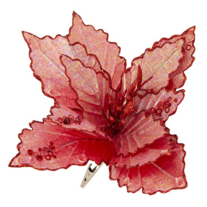 Украшение елочное Красный блестящий цветок на клипсе, полиэстер, 28x28x16см, 87454