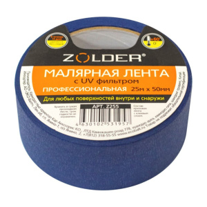 Лента малярная ZOLDER 50мм х 25м c UV-фильтром, для наружных и внутренних работ, синяя