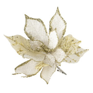 Украшение новогоднее ёлочное из полиэстера Белый с золотом цветок на клипсе, 29х29х22,5см, арт.88687