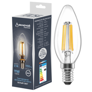 Лампа светодиодная  E14 FLM 11W 4000K cвеча филамент прозрачный (1201444)
