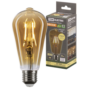 Лампа светодиодная филаментная TDM E27 7W ST64 2700 К винтаж золотистая конус