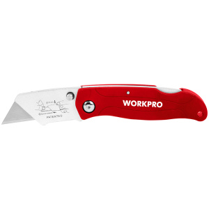 Нож WORKPRO WP211002, складной, пластиковый, быстросменный, 10 трапецивидных лезвий